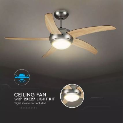 Stropný ventilátor s osvetlením otáča lopatkami. Súčasťou je svetelný kit 2xE27 (žiarovka nie je súčasťou balenia). Ventilátor je inštalovaný na strope.