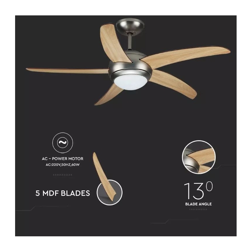 Stropný ventilátor s piatimi drevenými lopatkami sa otáča. Má striedavý motor (AC 220V, 50Hz, 60W), lopaty majú uhol 130°.