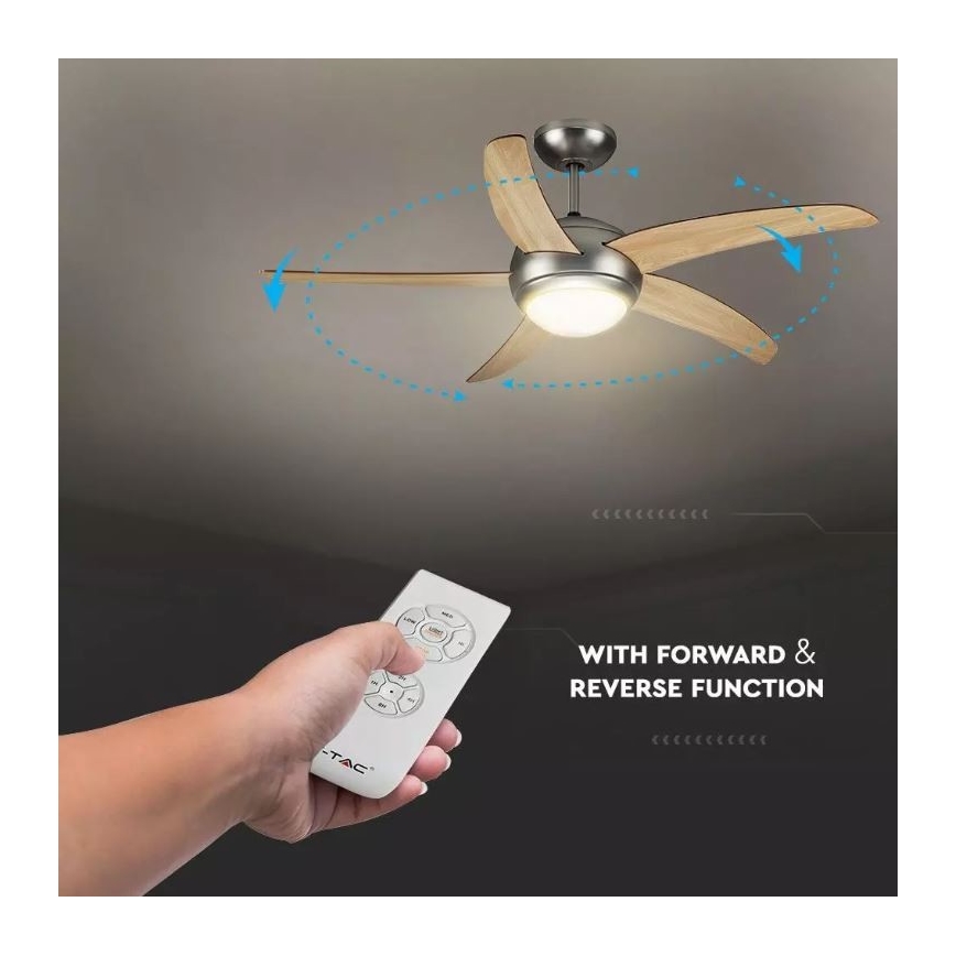 Stropný ventilátor s drevenými lopatkami sa otáča. Ovláda sa diaľkovým ovládaním. Text na obrázku: „WITH FORWARD & REVERSE FUNCTION“.
