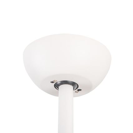 Biela miskovitá časť stropného ventilátora je pripevnená k bielej tyči. Upevnenie je zabezpečené pomocou skrutiek. Pozadí je biele.