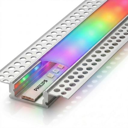 Súprava 1× stmievateľný LED RGBW pás Philips Hue WHITE AND COLOR AMBIANCE LED/20W/230V 2 m + 2× zapustený profil 1 m, strieborná/biela