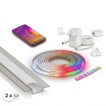 Súprava 1× stmievateľný LED RGBW pás Philips Hue WHITE AND COLOR AMBIANCE LED/20W/230V 2 m + 2× zapustený profil 1 m, strieborná/biela