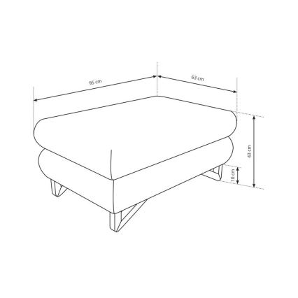 Taburetka s rozmermi 95 cm x 63 cm x 43 cm a výškou nôh 10 cm. Je čiernobielo znázornená s jednoduchými nohami. Kresba obsahuje rozmerové údaje v centimetroch.