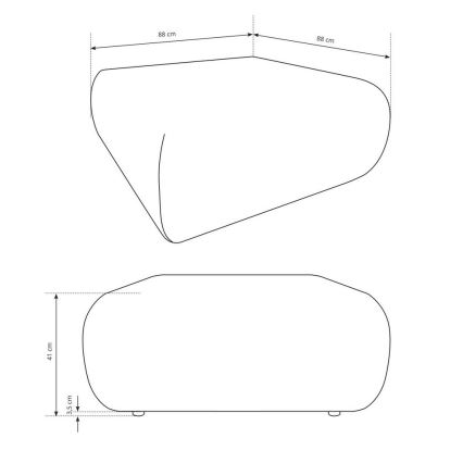 Nábytok, presnejšie stolík, je zobrazený v dvoch pohľadoch s rozmermi: 88 cm x 88 cm a 41 cm x 3,5 cm. Má oblý, nepravidelný tvar.