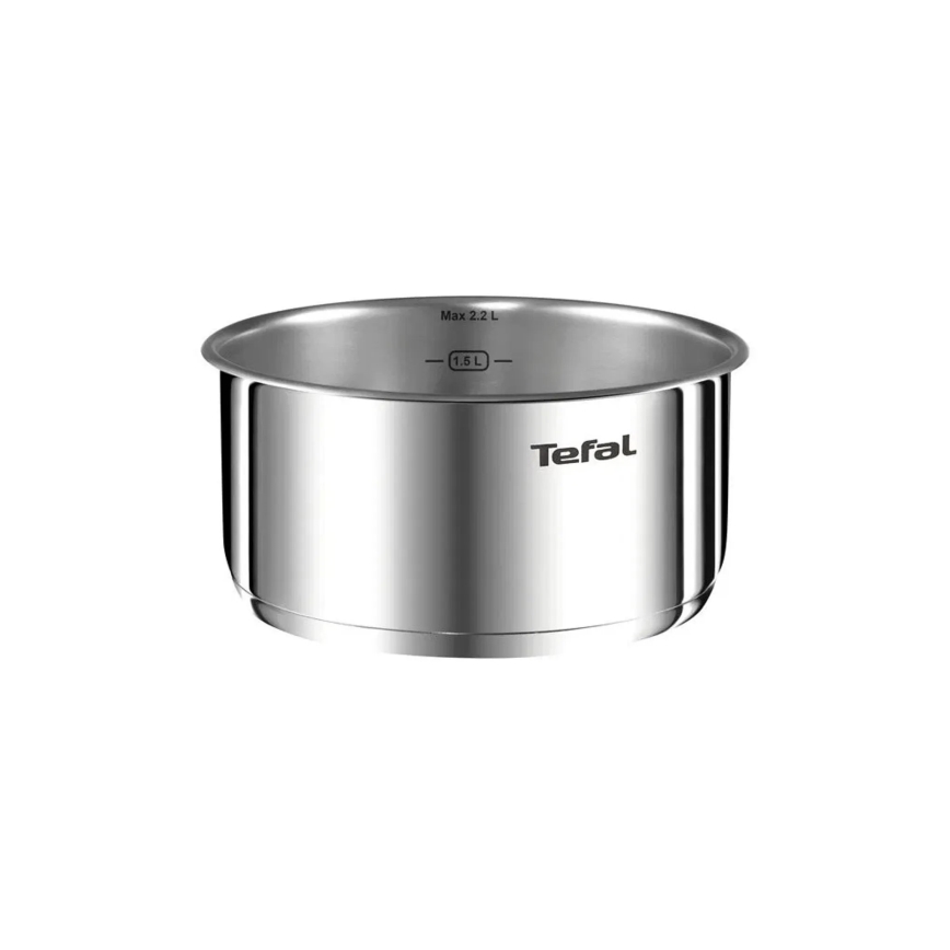 Nerezový hrniec Tefal s objemom 1,5 litra a maximálnou kapacitou 2,2 litra je umiestnený na bielom pozadí.
