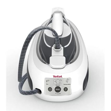 Parná žehlička Tefal je pripravená na žehlenie. Má tri režimy: Eco, Normal a Vertical steam, a funkciu Anti-calc. Je bielo-sivá s textilným káblom.
