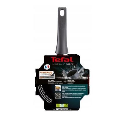 Malý hrniec Tefal Mineralia Force s tmavosivou rukoväťou je zobrazený na obale. Hrniec je určený pre všetky typy sporákov vrátane indukcie. Obal obsahuje popis vlastností, ako je vysoko nepriľnavý povrch vystužený minerálmi.