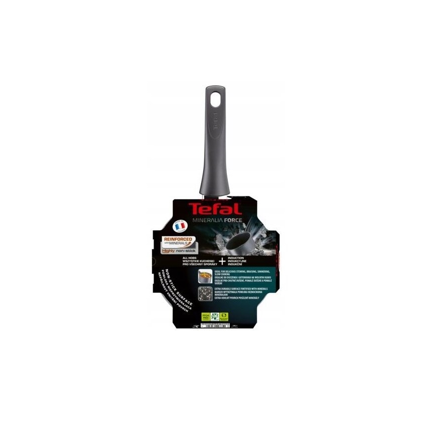 Malý hrniec Tefal Mineralia Force s tmavosivou rukoväťou je zobrazený na obale. Hrniec je určený pre všetky typy sporákov vrátane indukcie. Obal obsahuje popis vlastností, ako je vysoko nepriľnavý povrch vystužený minerálmi.