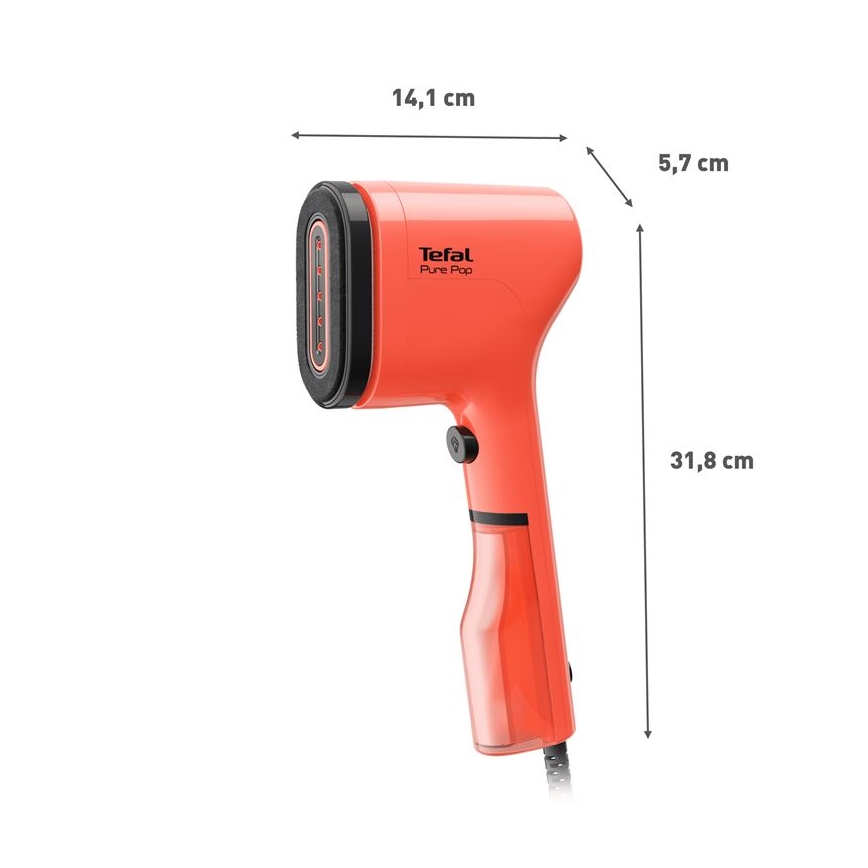 Ručný parný generátor Tefal Pure Pop oranžovej farby je zobrazený z boku. Má výšku 31,8 cm, šírku 14,1 cm a hĺbku 5,7 cm.
