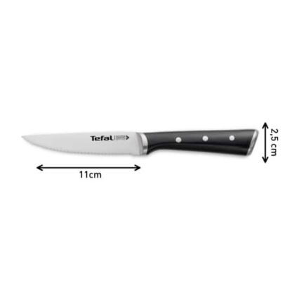 Steakový nôž Tefal s pílovitým ostrím, dĺžky čepele 11 cm a rukoväte 2,5 cm, je zobrazený na bielom pozadí.