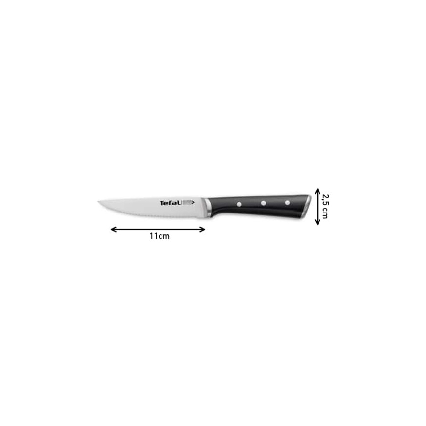Steakový nôž Tefal s pílovitým ostrím, dĺžky čepele 11 cm a rukoväte 2,5 cm, je zobrazený na bielom pozadí.