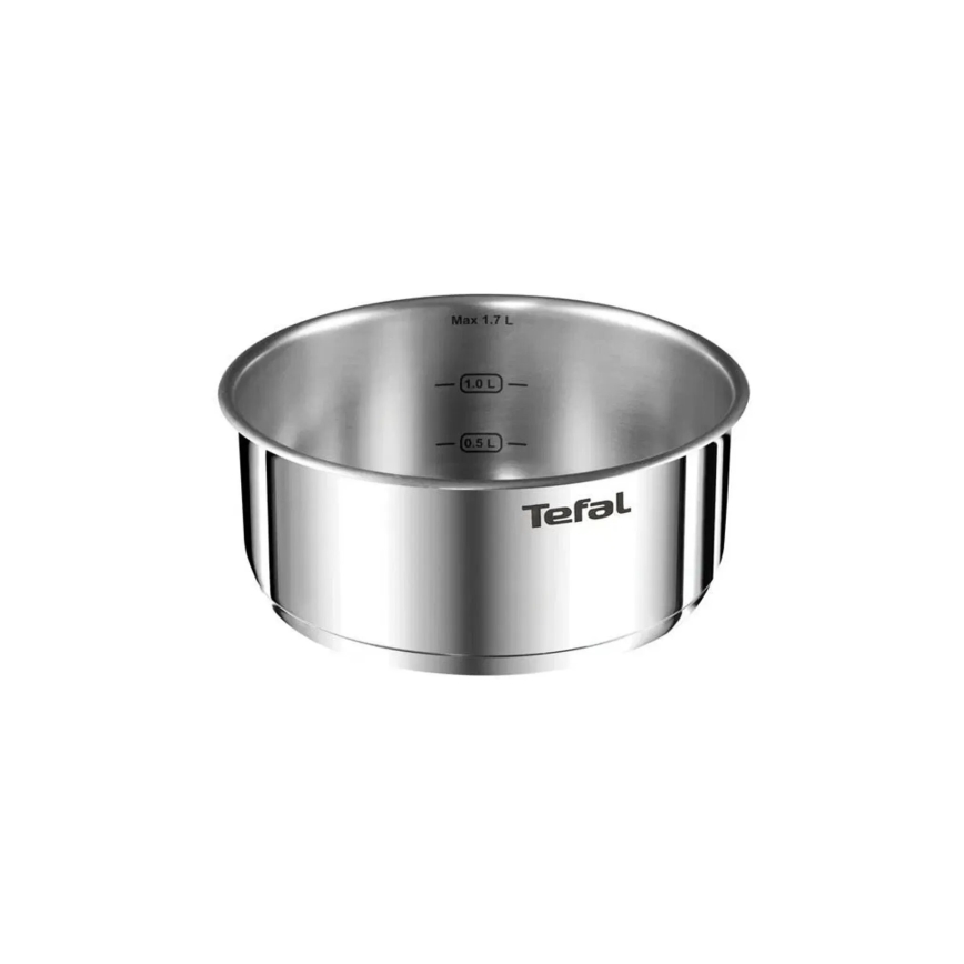 Nerezový hrniec Tefal s objemovými značkami (0,5 L, 1,0 L, Max 1,7 L) stojí na bielom pozadí.