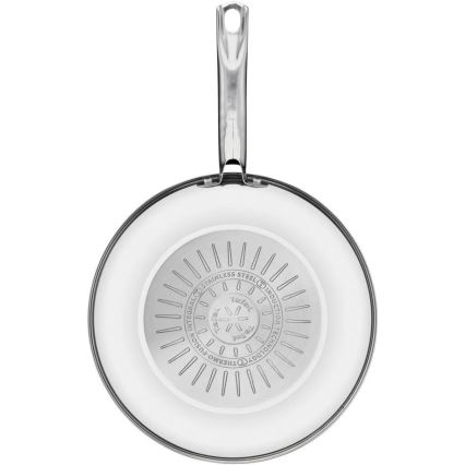 Panvica s kovovou rúčkou je zobrazená zhora. Na dne panvice je vyrytý nápis: „INTEGRAL STAINLESS STEEL INDUCTION TECHNOLOGY THERMO-FUSION“. V strede kruhu je logo značky Tefal.
