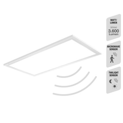 Obdĺžnikové stropné svietidlo svieti. Má zabudovaný mikrovlnný a svetelný senzor. Parametre: 36 Watt, 3600 Lumen.