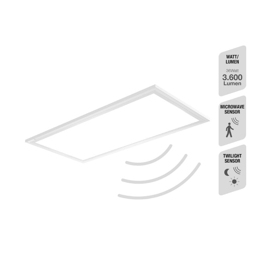 Obdĺžnikové stropné svietidlo svieti. Má zabudovaný mikrovlnný a svetelný senzor. Parametre: 36 Watt, 3600 Lumen.