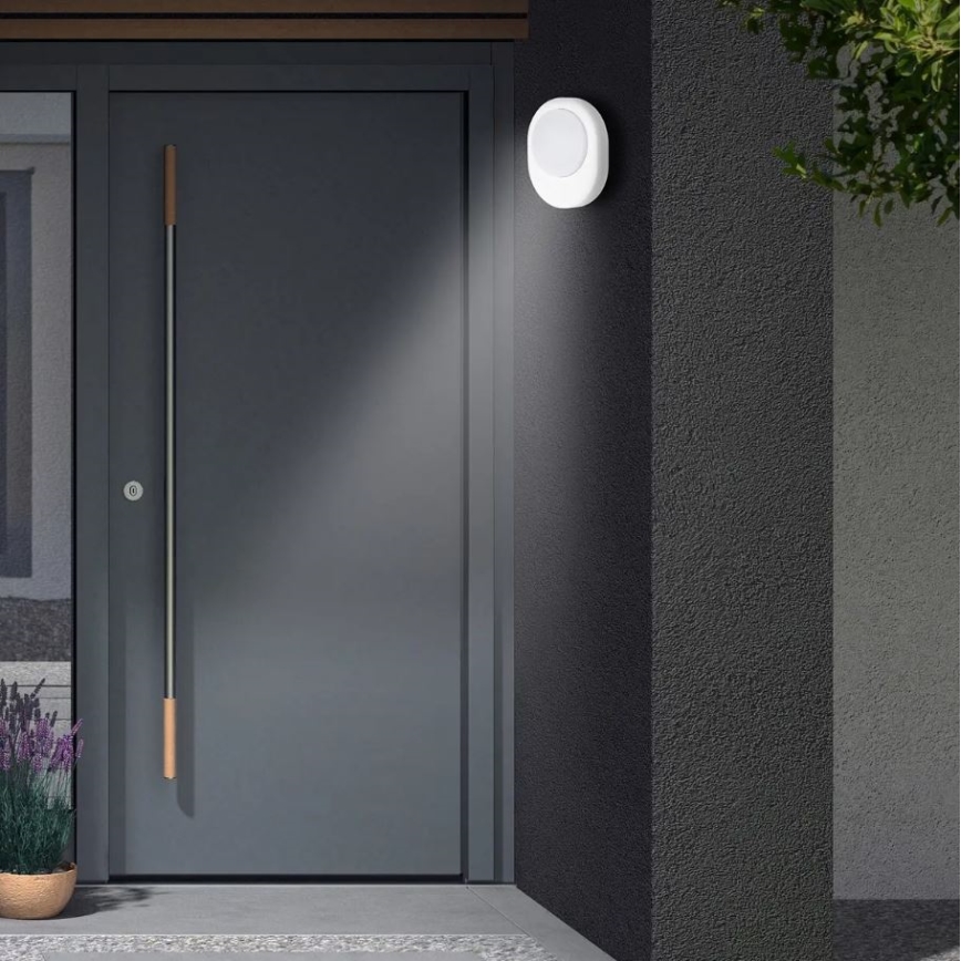 Okrúhle vonkajšie svetlo svieti na sivé dvere. Svetlo je namontované na stene domu priamo vedľa dverí. Pred dverami je kvetináč s levanduľou.