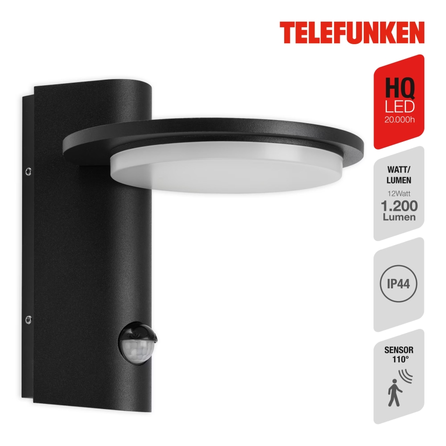 Telefunken 312505TF-LED Vonkajšie nástenné svietidlo so senzorom LED/10W/230V IP44 čierna