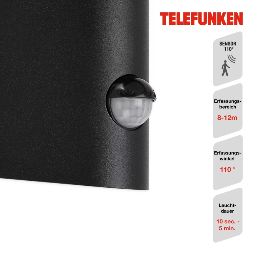 Telefunken 312505TF-LED Vonkajšie nástenné svietidlo so senzorom LED/10W/230V IP44 čierna