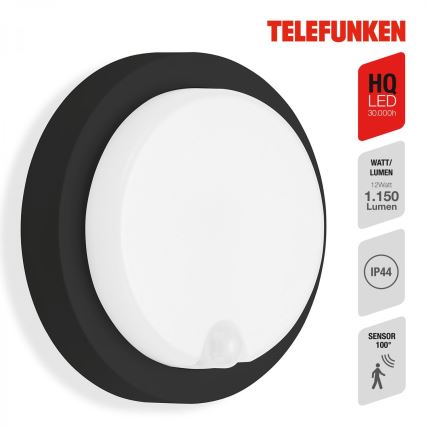 Telefunken 315305TF - LED Vonkajšie nástenné svietidlo so senzorom LED/12W/230V IP44 čierna