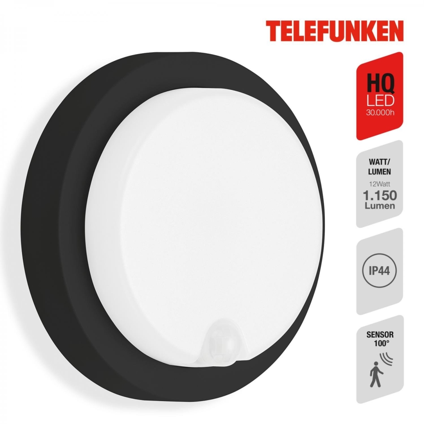 Telefunken 315305TF - LED Vonkajšie nástenné svietidlo so senzorom LED/12W/230V IP44 čierna