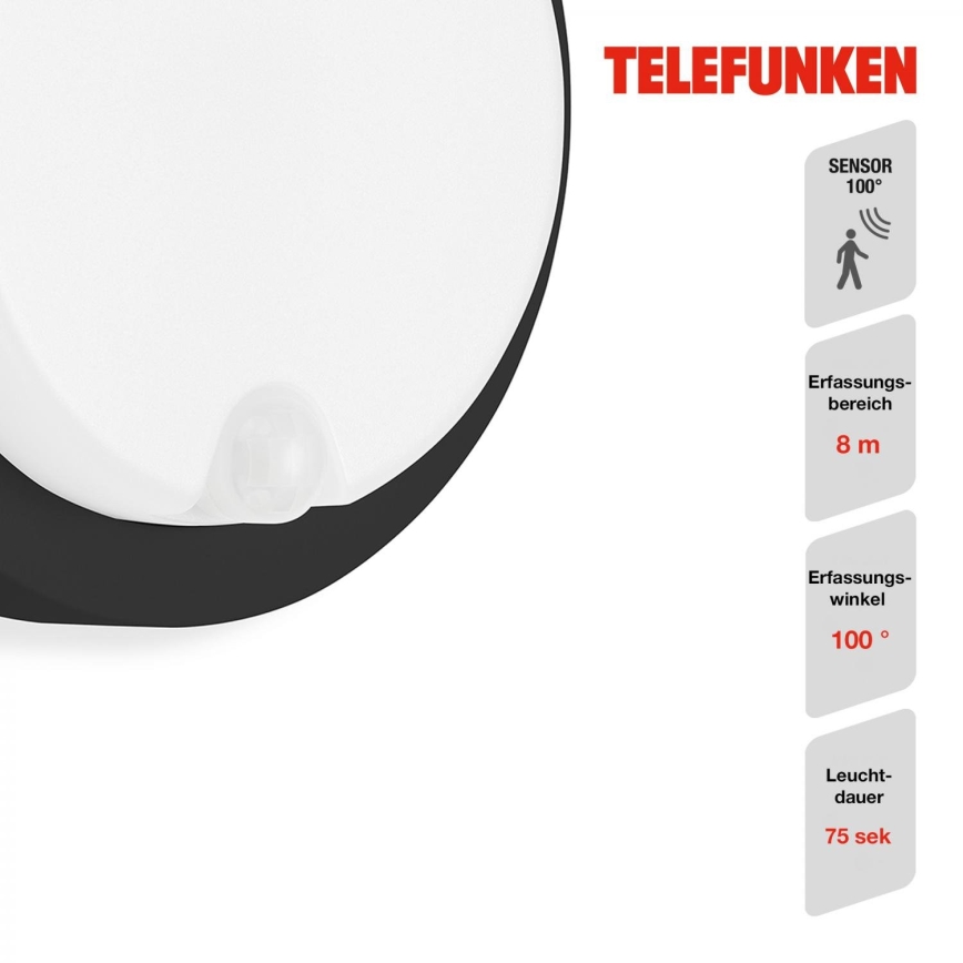 Telefunken 315305TF - LED Vonkajšie nástenné svietidlo so senzorom LED/12W/230V IP44 čierna