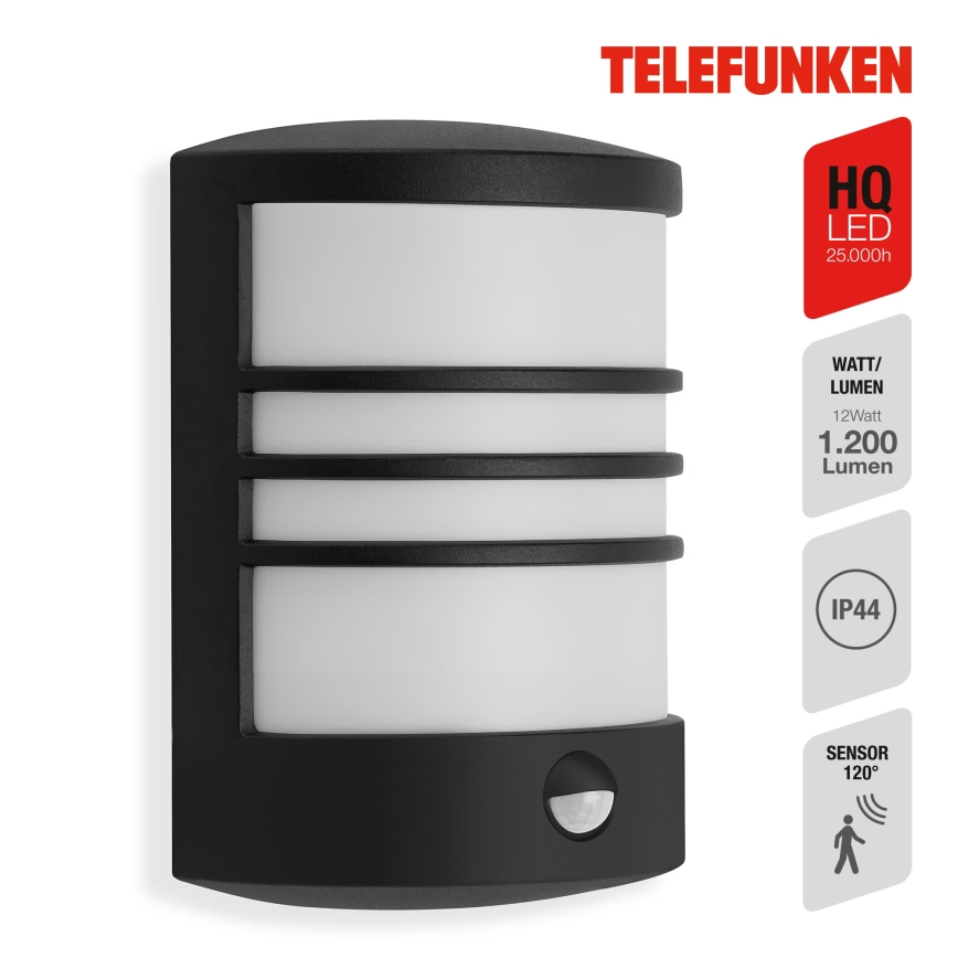 Telefunken 315505TF - LED Vonkajšie nástenné svietidlo so senzorom LED/12W/230V IP44 čierna