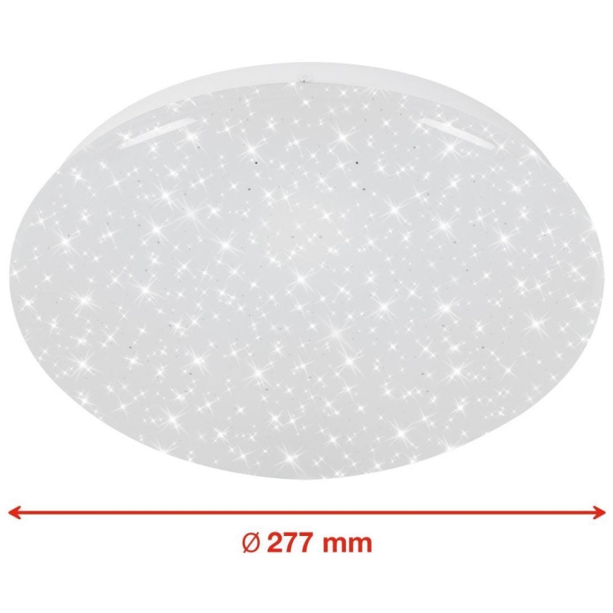 Okrúhle stropné svietidlo s mnohými malými svetlami, ktoré imitujú hviezdy, má priemer 277 mm.