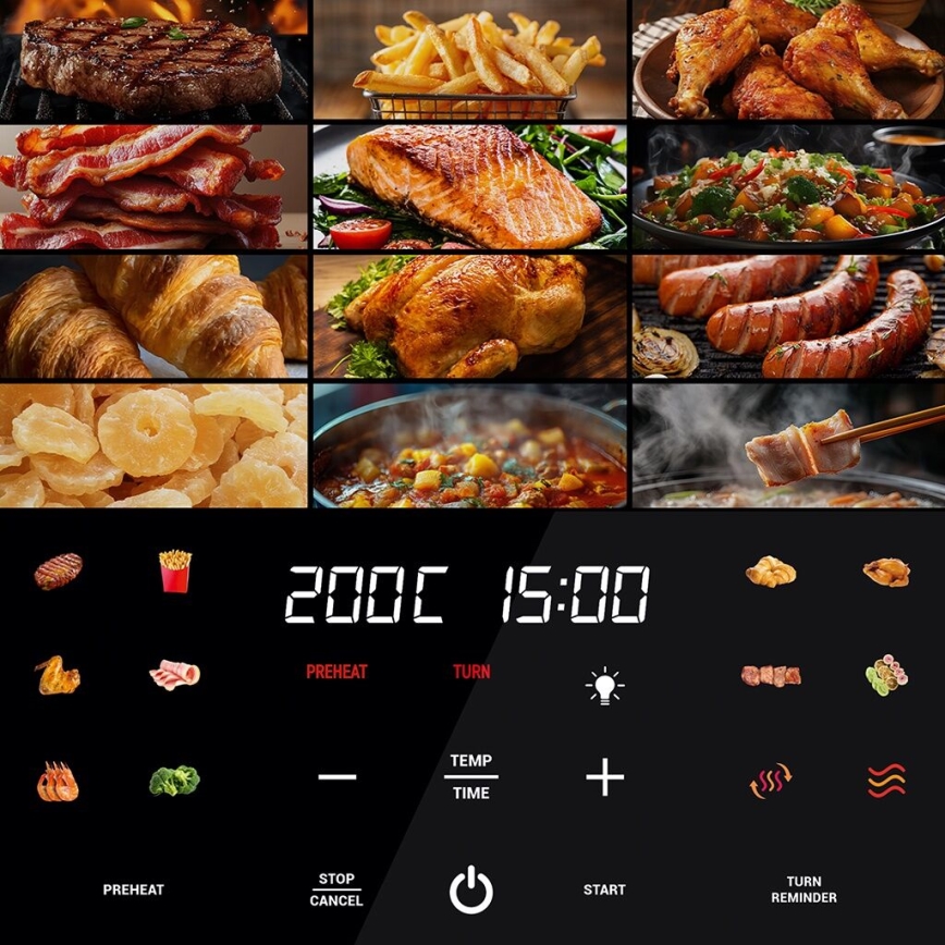 Digitálny displej zobrazuje čas 15:00 a teplotu 200°C. Ovládací panel umožňuje nastavenie času, teploty, spustenie, zastavenie a výber z rôznych druhov jedál, zobrazených v obrázkoch (steak, hranolky, kuracie stehná, slanina, losos, zeleninový prívarok, klobásy, croissanty, sušené ovocie, guláš).