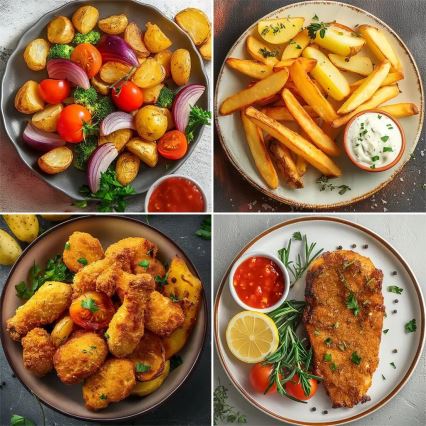 Štyri jedlá: pečené zemiaky so zeleninou, hranolky so zálievkou, kuracie nugety s hranolkami a rezeň s prílohou. Každé jedlo je na samostatnom tanieri.