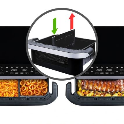 Dvojdielna nádoba na pečenie s odnímateľnými časťami sa vkladá do elektrickej rúry. Nádoba obsahuje hranolky a cibuľové krúžky, resp. rebrá a zemiaky. Rúra má digitálny displej s nastavením teploty 190°C a 200°C.