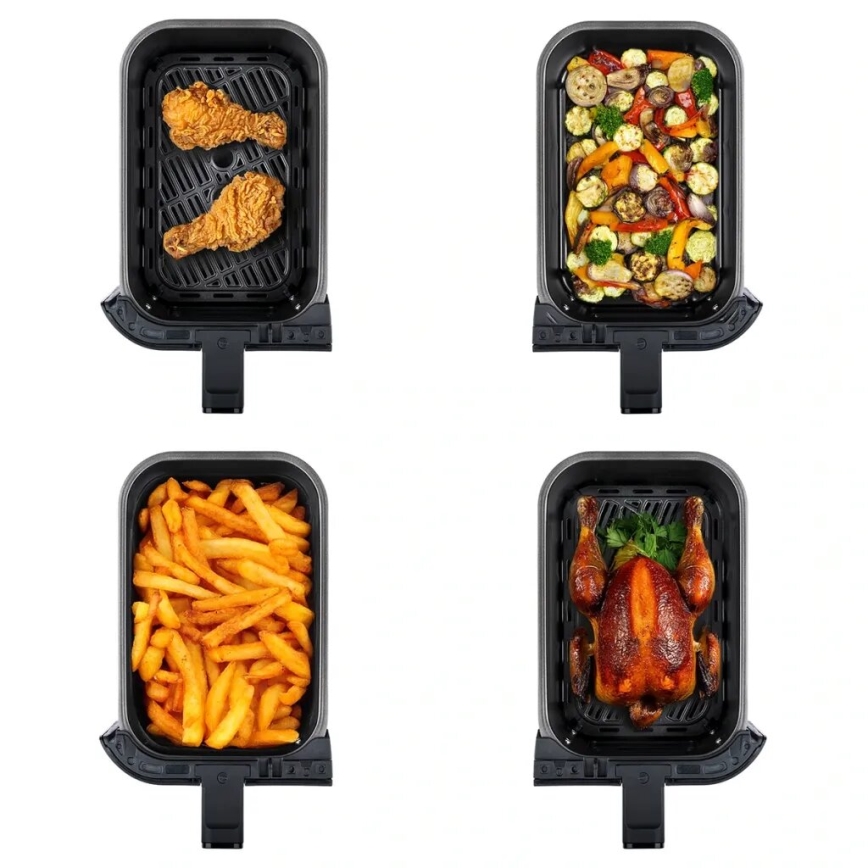 Štyri obrázky ukazujú fritézu s rôznym obsahom: kuracie stehná, pečená zelenina, hranolky a pečené kurča. Každý obrázok zobrazuje fritézu zhora s jedlom v koši.