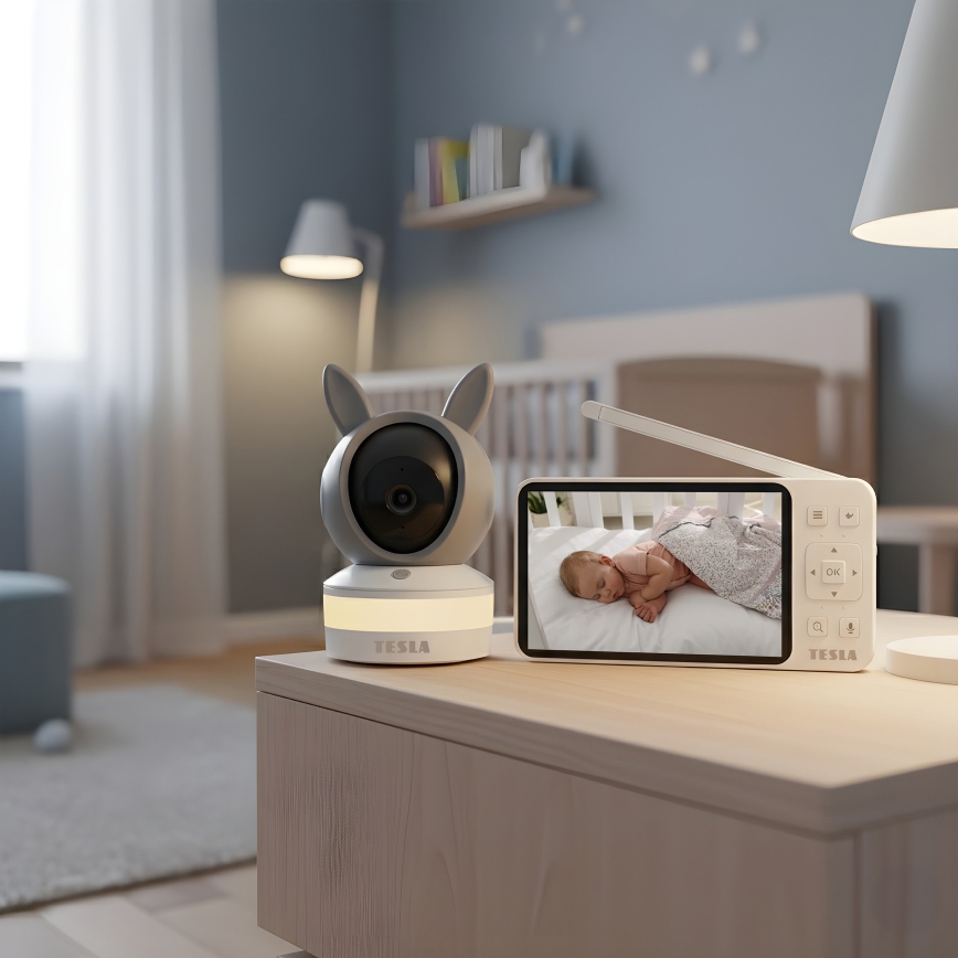 TESLA Electronics Bambino - Inteligentná detská chôvička s monitorom, 4 MP (2560p), 5 V, 5000 mAh, Wi-Fi, Tuya, sivá/biela