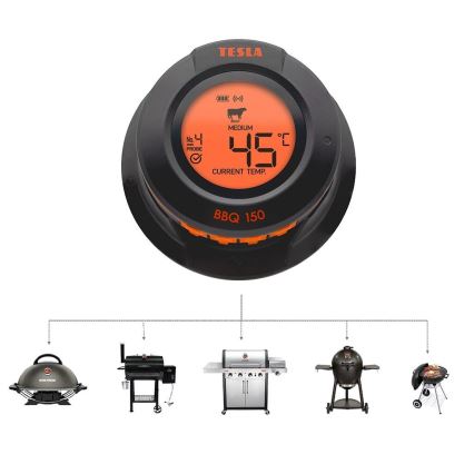 Digitálny teplomer Tesla BBQ 150 zobrazuje teplotu 45°C, mäso: hovädzie, stupeň prepečenia: medium, sonda č. 4. Zobrazená je kompatibilita s rôznymi typmi grilov.