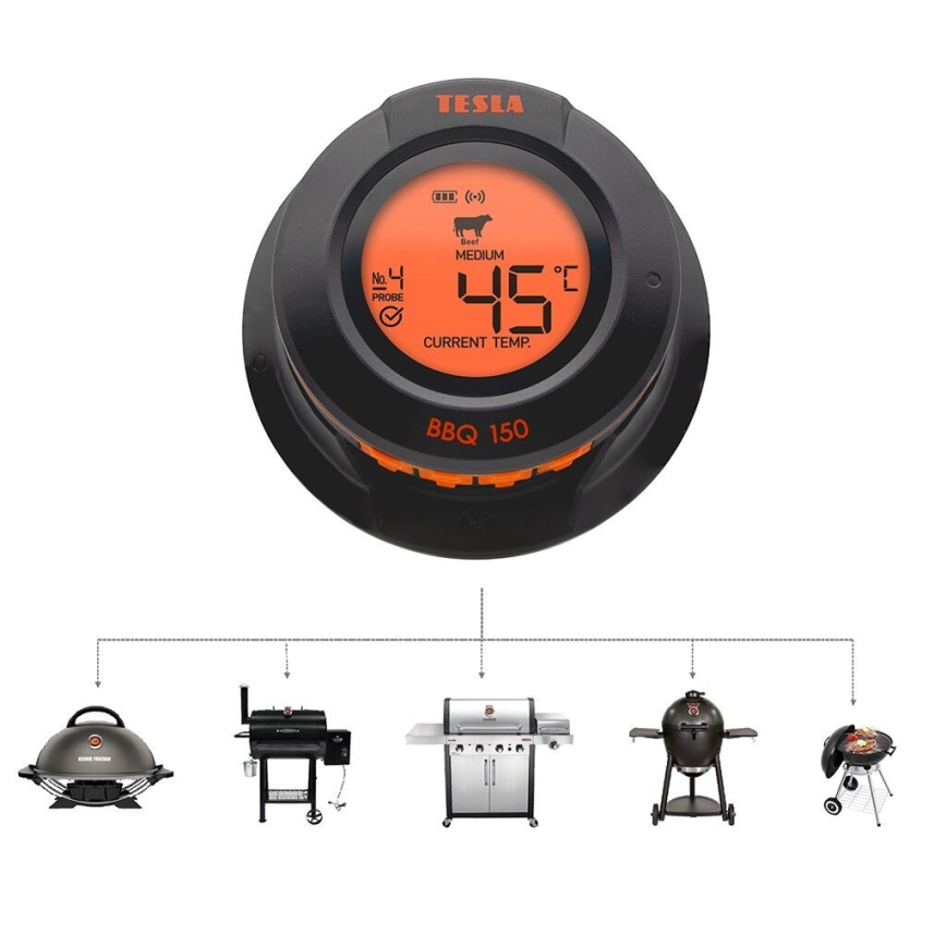 Digitálny teplomer Tesla BBQ 150 zobrazuje teplotu 45°C, mäso: hovädzie, stupeň prepečenia: medium, sonda č. 4. Zobrazená je kompatibilita s rôznymi typmi grilov.