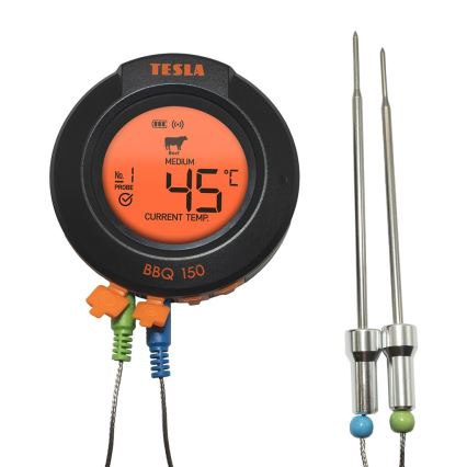Digitálny teplomer Tesla BBQ 150 zobrazuje teplotu 45°C. Ukazuje stav mäsa Beef, Medium. Súčasťou sú dve sondy s farebnými guličkami na kábloch.