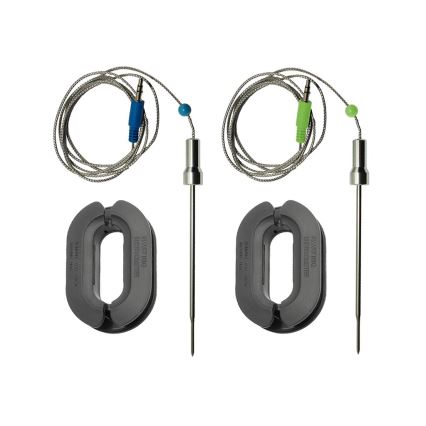Dve teplomeromery s kovovými sondami, káblami a konektormi, uložené s držiakmi. Na držiakoch je text: PATENT PPO THERMOMETER a TURNING, USA, 630774X.