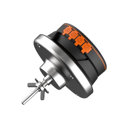 Rotačný mechanizmus s číslicami 1-4 je pripevnený na kovovej objímke s nastaviteľnou skrutkou. Mechanizmus je prevažne čierny s oranžovými prvkami. Nachádza sa na bielom pozadí.