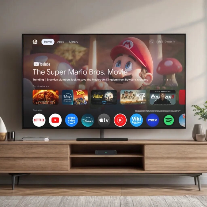 Televízor zobrazuje film „The Super Mario Bros. Movie“. Na obrazovke sú tiež zobrazené ikony rôznych streamovacích služieb, ako Netflix, YouTube, Prime Video a ďalšie. Televízor stojí na drevenom televíznom stolíku v obývacej izbe.