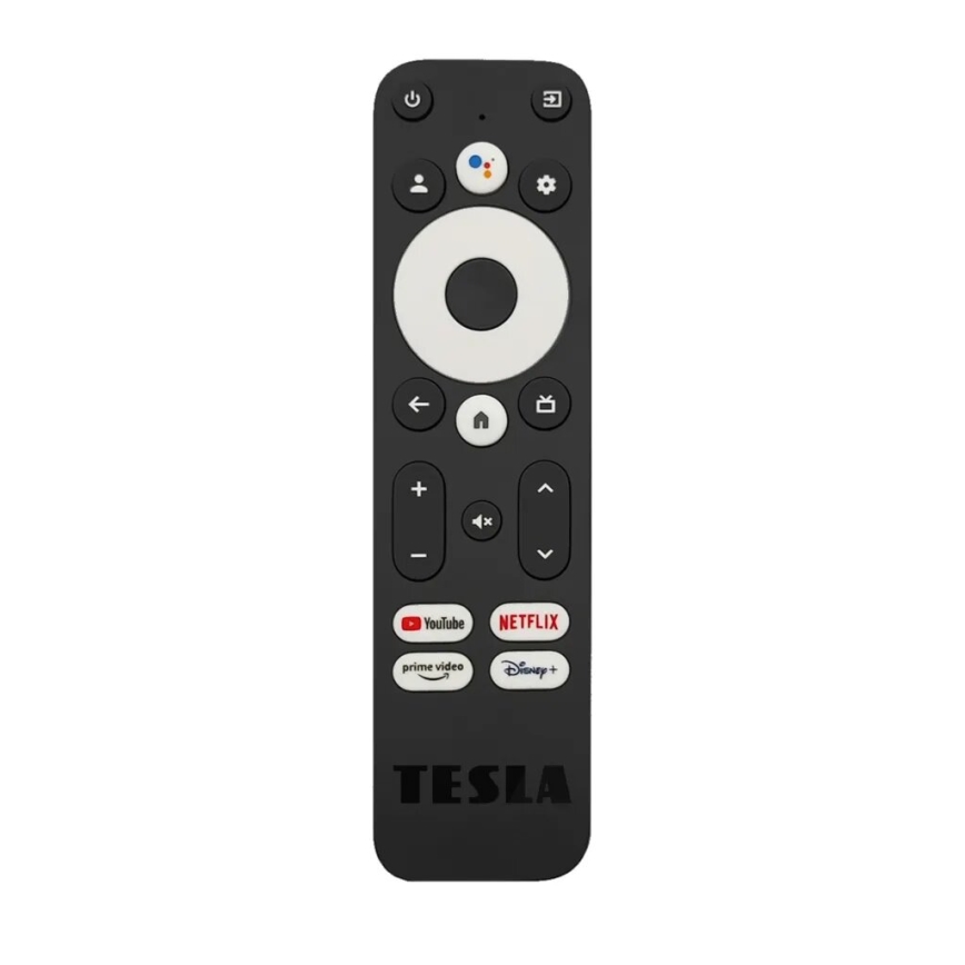 Diaľkový ovládač Tesla ovláda televízor. Obsahuje tlačidlá pre navigáciu, hlasové ovládanie, reguláciu hlasitosti a prístup k službám YouTube, Netflix, Prime Video a Disney+. Na spodku je vyrazené logo TESLA.