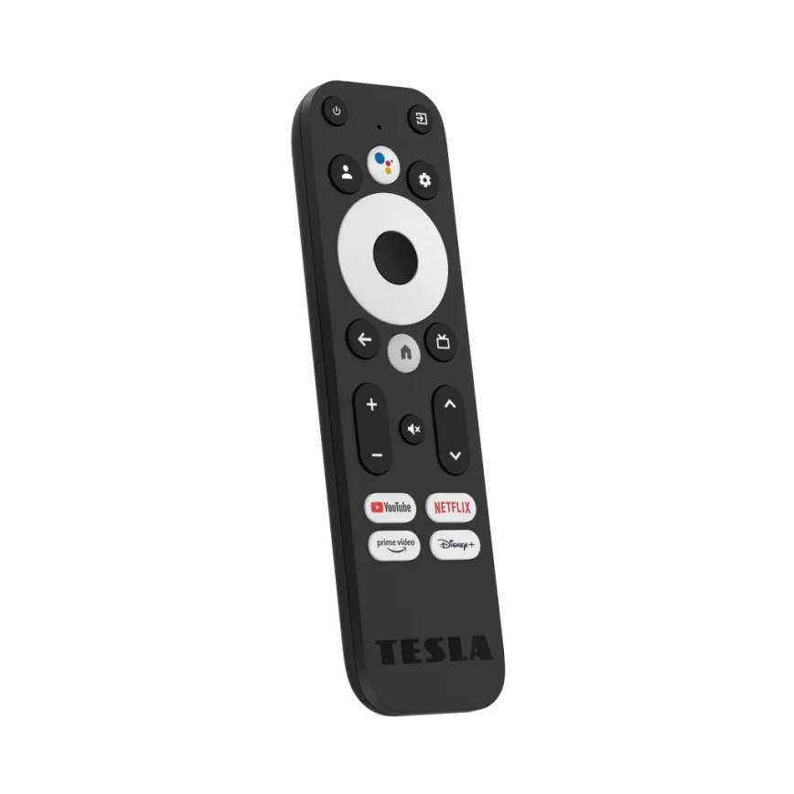 Diaľkové ovládanie Tesla ovláda televízor. Má tlačidlá pre hlasitosť, prepínanie kanálov, domovskú obrazovku a prístup k Netflixu, YouTube, Prime Video a Disney+. Na spodku je nápis TESLA.