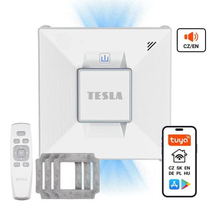 Automatický čistič okien Tesla čistí okná. Súčasťou je diaľkový ovládač, náhradné čistiace podložky a ovládanie cez aplikáciu Tuya (CZ, SK, EN, DE, PL, HU).
