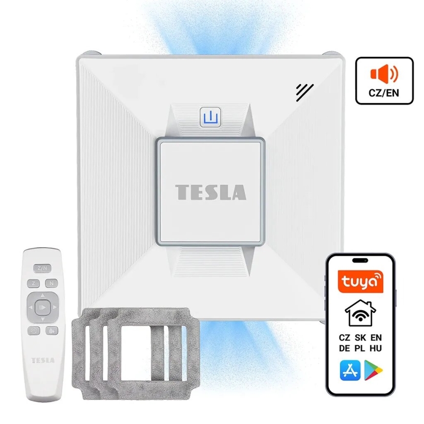Automatický čistič okien Tesla čistí okná. Súčasťou je diaľkový ovládač, náhradné čistiace podložky a ovládanie cez aplikáciu Tuya (CZ, SK, EN, DE, PL, HU).