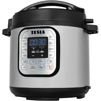 Tlakovej hrniec Tesla zobrazuje čas 00:30. Disponuje ovládacím panelom s funkciami varenia, ako je polievka, mäso, ryža, parenie, jogurt a ďalšie. Na displeji sa zobrazuje časovač a nastavenie tlaku.