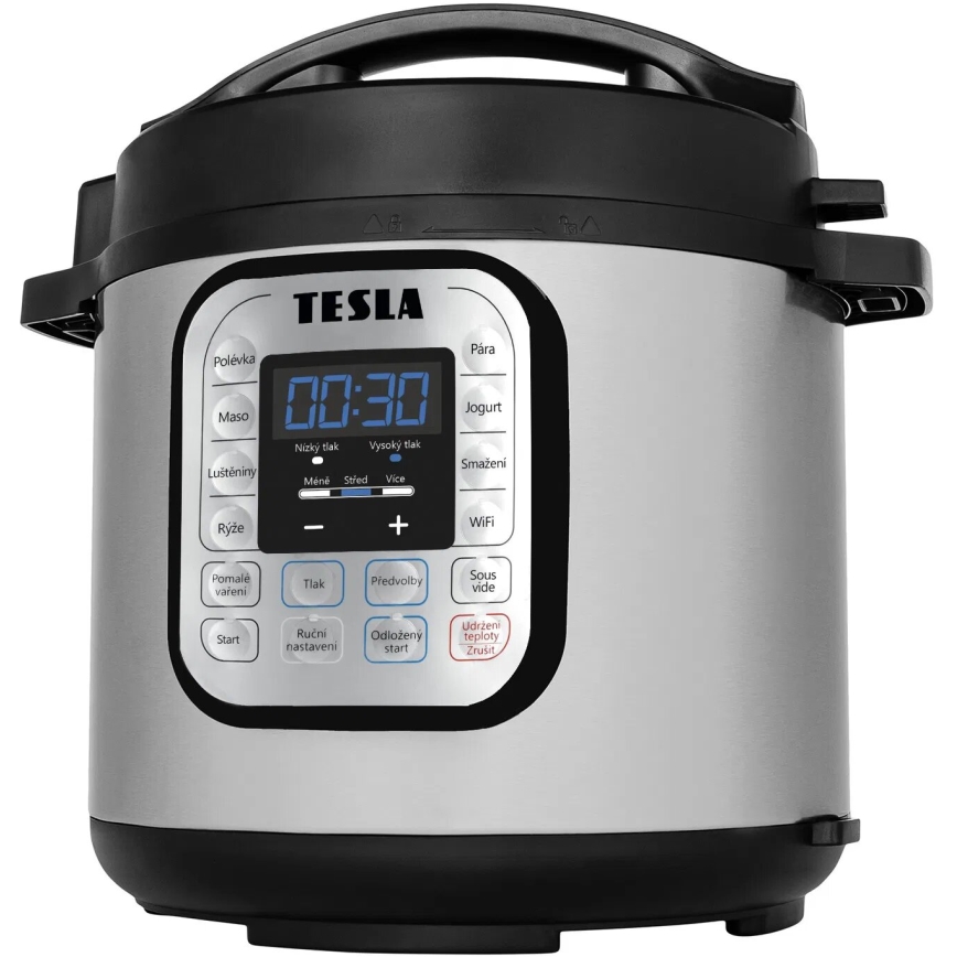 Tlakovej hrniec Tesla zobrazuje čas 00:30. Disponuje ovládacím panelom s funkciami varenia, ako je polievka, mäso, ryža, parenie, jogurt a ďalšie. Na displeji sa zobrazuje časovač a nastavenie tlaku.