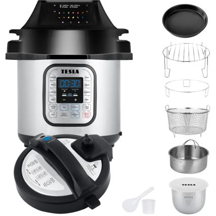 Multifunkčný tlakový hrniec Tesla s digitálnym displejom a ovládacími tlačidlami, zobrazujúcimi časovač 00:30. Súčasťou balenia sú odnímateľné kovové misy, sitká, plech a príslušenstvo.