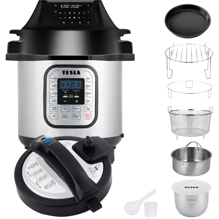 Multifunkčný tlakový hrniec Tesla s digitálnym displejom a ovládacími tlačidlami, zobrazujúcimi časovač 00:30. Súčasťou balenia sú odnímateľné kovové misy, sitká, plech a príslušenstvo.