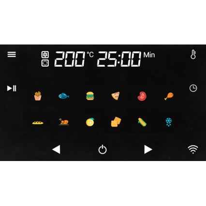 Displej zobrazuje nastavenie 200°C a časovač 25:00 min. Ukazuje ikony rôznych druhov jedla a ovládacie prvky: šípky, tlačidlo zapínania/vypínania a symbol WiFi.