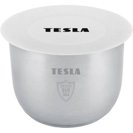 Nerezová miska s bielym silikónovým viečkom je zobrazená na svetlom pozadí. Na miske a viečku je vytlačené logo TESLA. Miska má tiež vygravírované logo so štítom a nápisom SUS 304.