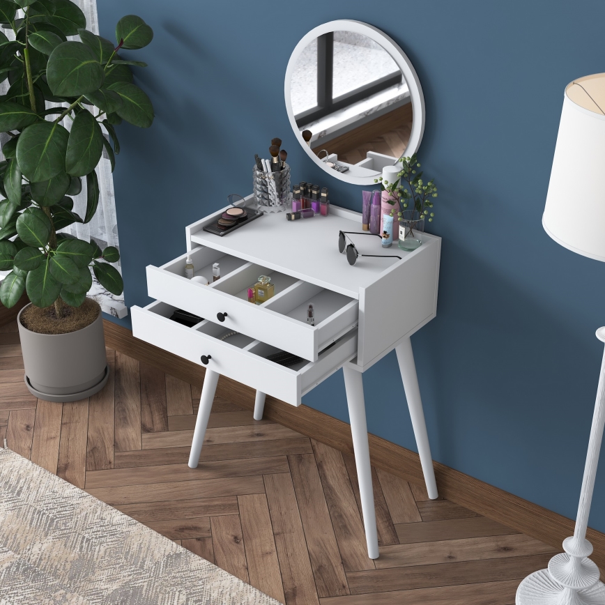 Toaletný stolík RANI 75x85,8 cm + nástenné zrkadlo pr. 40 cm biela