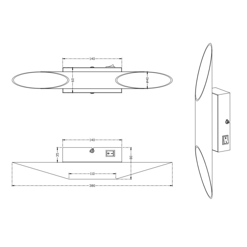 Dvojité nástenné svietidlo s oválnymi tienidlami je zobrazené v technickom výkrese s rozmermi: 380 x 80 x 35 mm a 140 x 60 x 40 mm. Svietidlo má integrovaný vypínač a zásuvku.